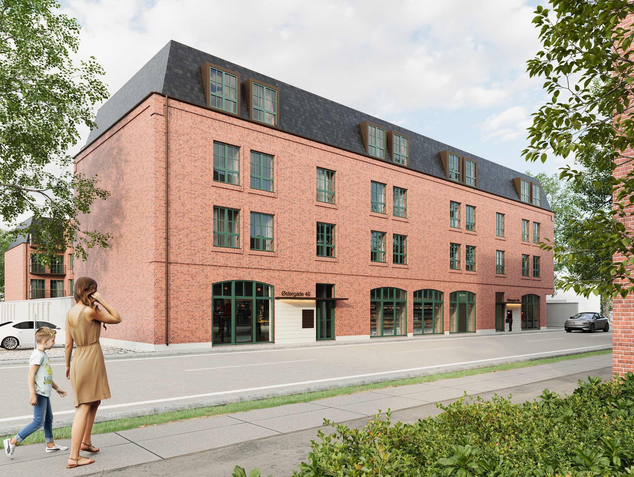 Østergade 46, Odense C. Ny ejendom i røde teglsten med grønne vinduer